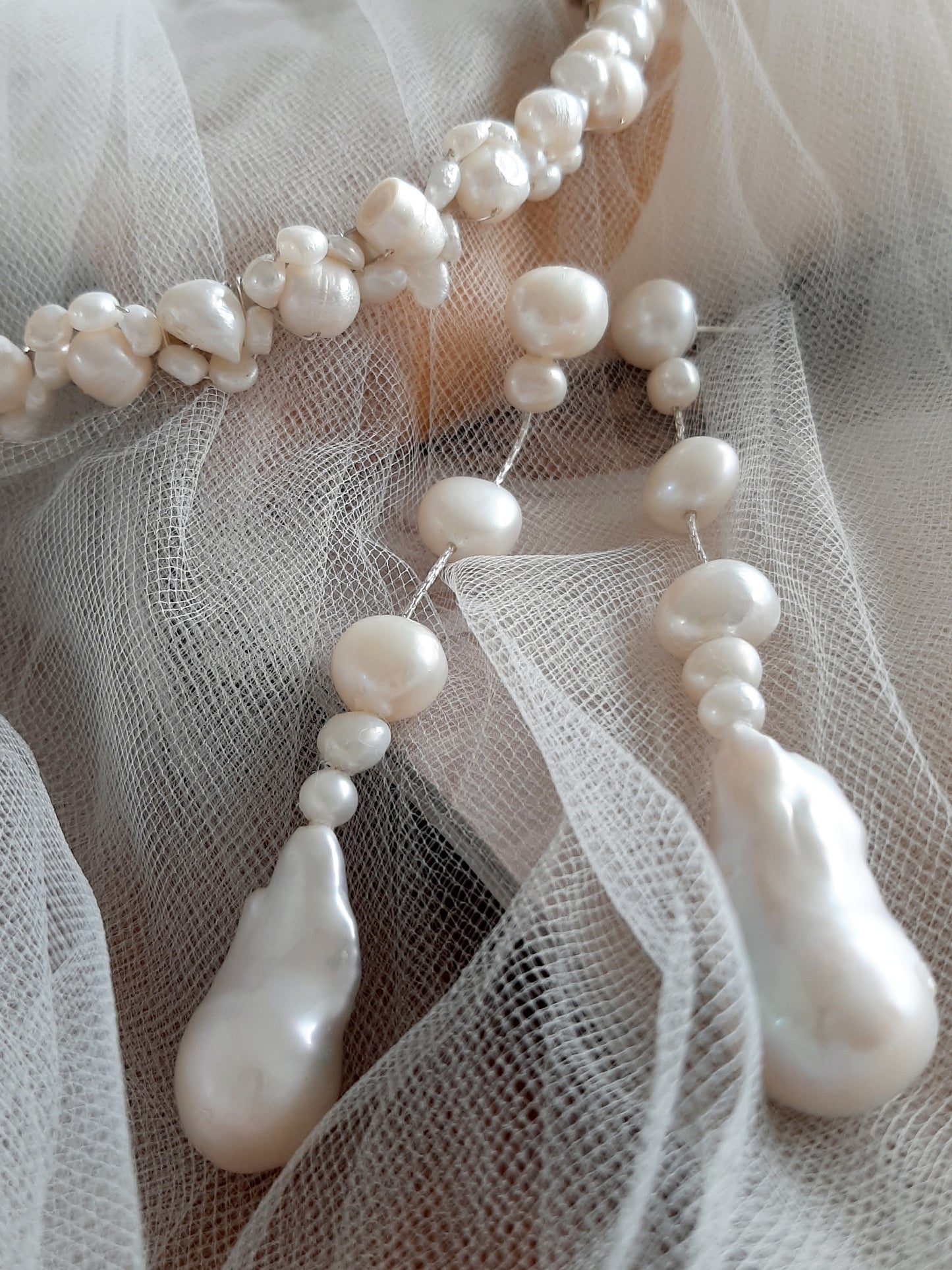 CONTESSA - glorious natural cultured freshwater pearls and sterling silver Boston chain thread cascading stud earrings