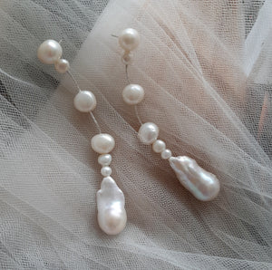 CONTESSA - glorious natural cultured freshwater pearls and sterling silver Boston chain thread cascading stud earrings