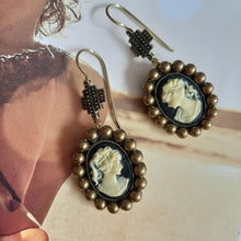 Load image into Gallery viewer, Cameo antiqued brass pearls and cross drop earrings