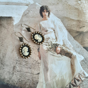 Cameo antiqued brass pearls and cross drop earrings