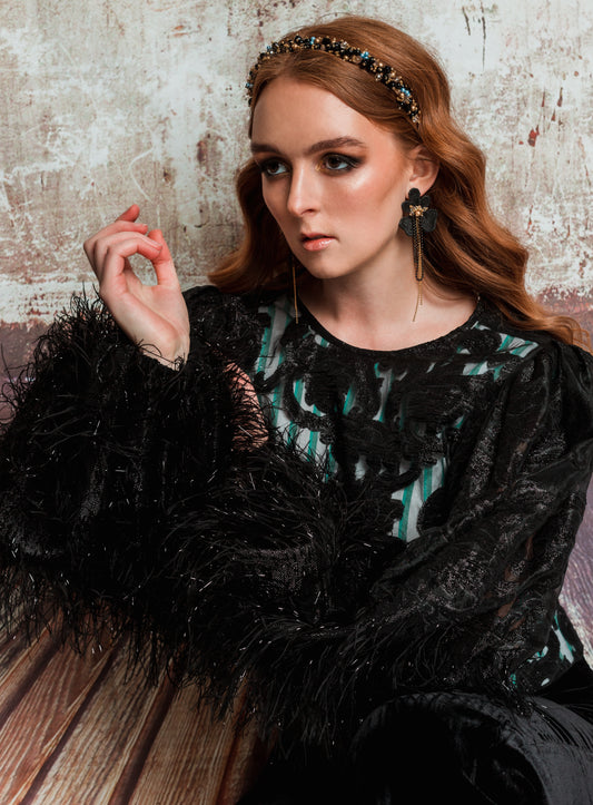 Ash - black, honey crystal, gold and a touch of blue beads handmade headband