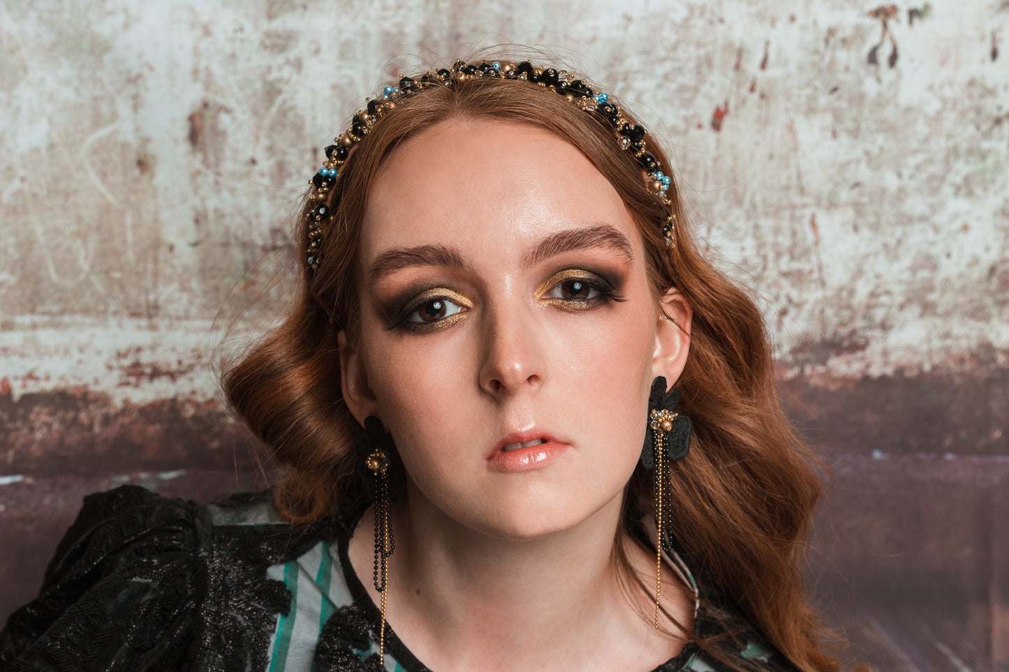 Ash - black, honey crystal, gold and a touch of blue beads handmade headband