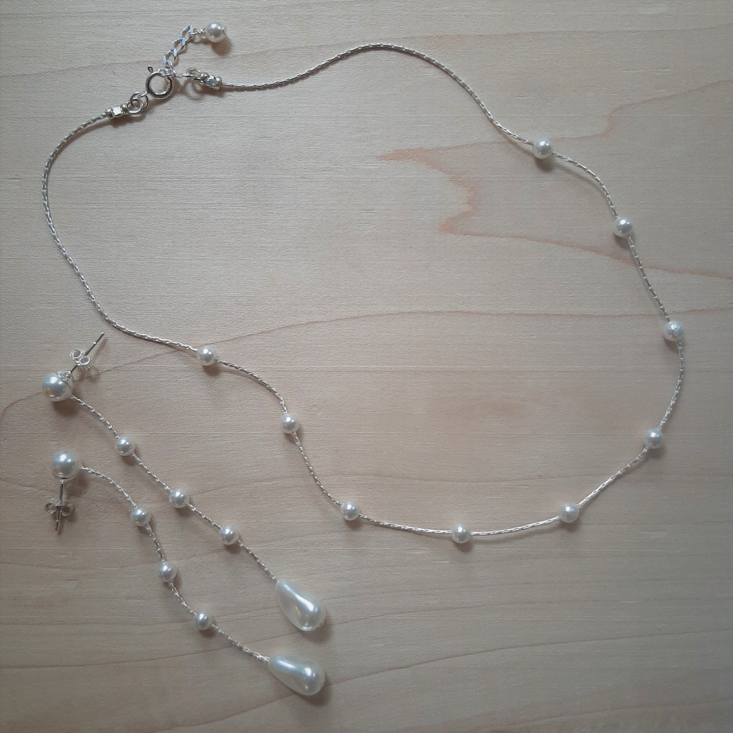 Danielle necklace and earrings - crystal pearls or freshwater pearls and sterling silver Boston chain thread cascading stud earrings, bracelet and necklace