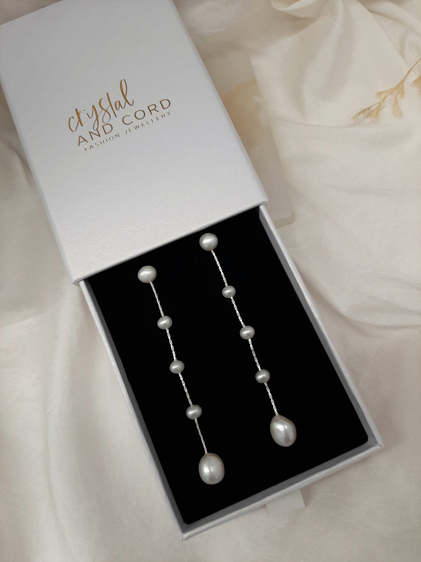 Danielle earrings - crystal pearls or freshwater pearls Boston thread cascading stud earrings in two lengths