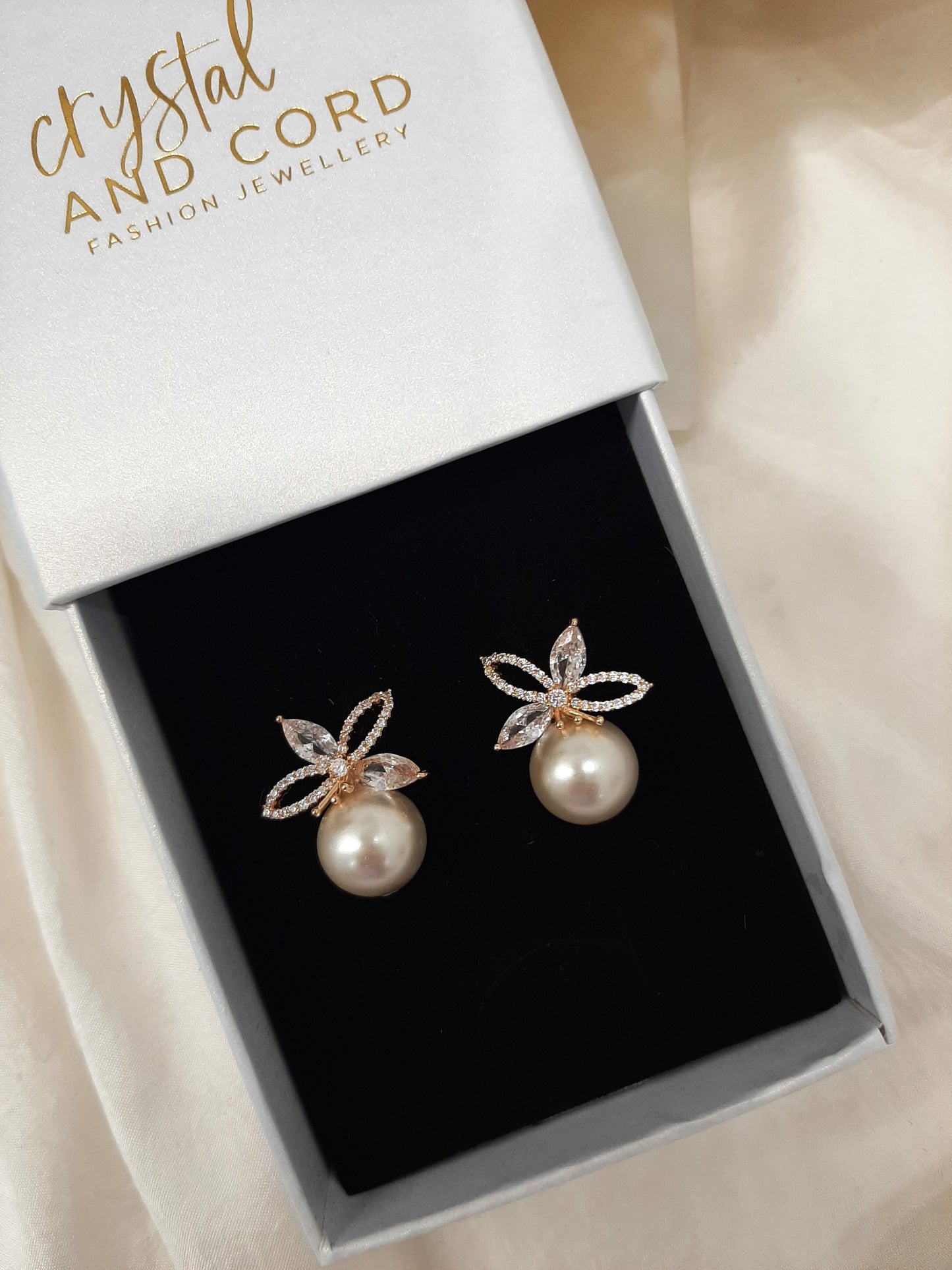 Deor - crystal bead pearl cubic zirconia gold tone flower stud earrings