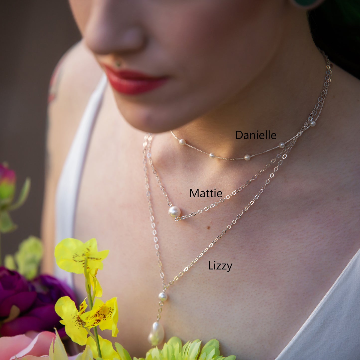 Lizzy - Swarovski crystal pearls and flat sterling silver chain long necklace