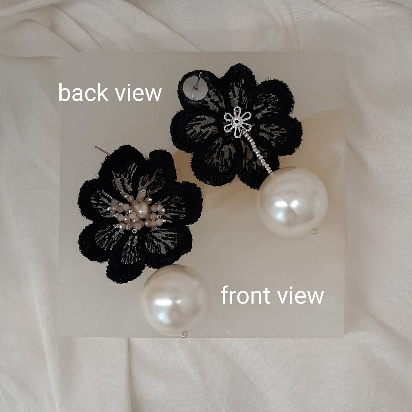 Ebony - black lace flower and champagne beads statement drop stud earrings