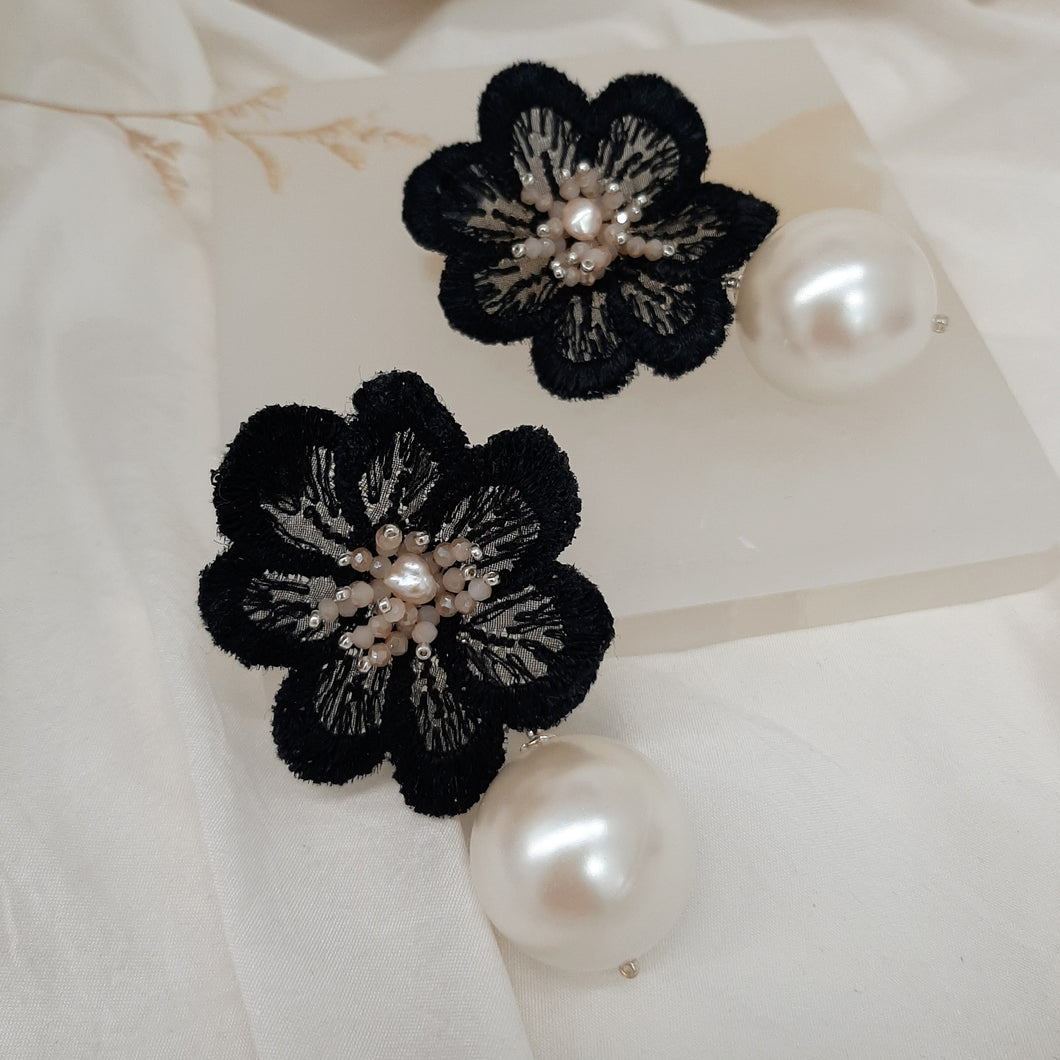Ebony - black lace flower and champagne beads statement drop stud earrings
