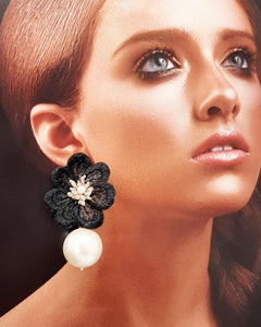 Ebony - black lace flower and champagne beads statement drop stud earrings