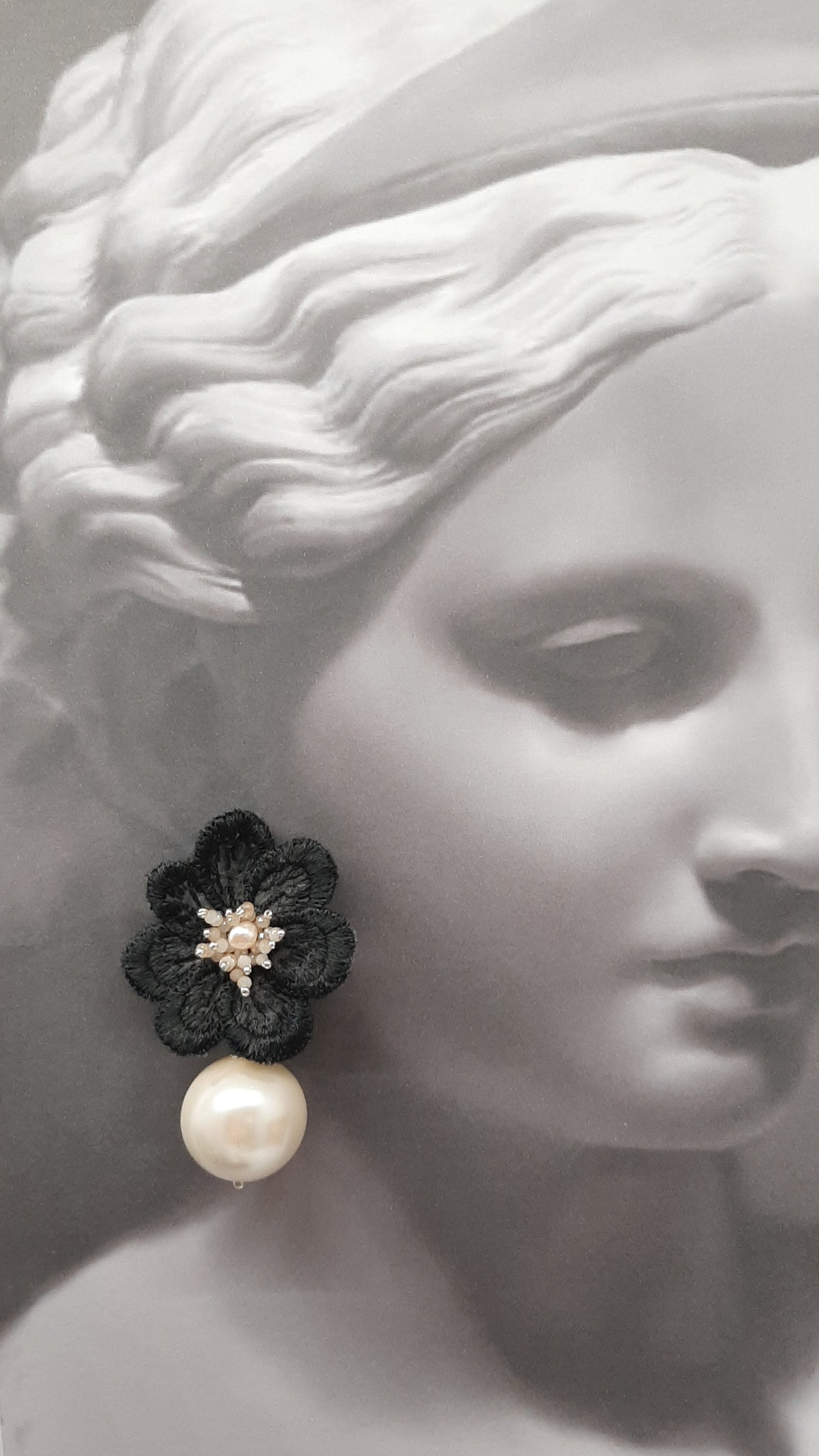 Ebony - black lace flower and champagne beads statement drop stud earrings