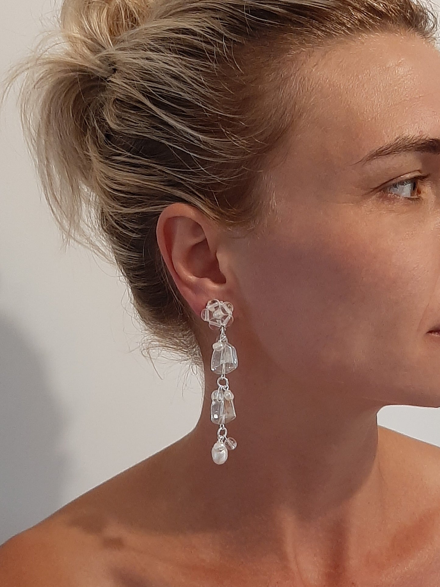 Elsa - natural cultured freshwater pearls and crystal clear glass beads cascading drop earrings