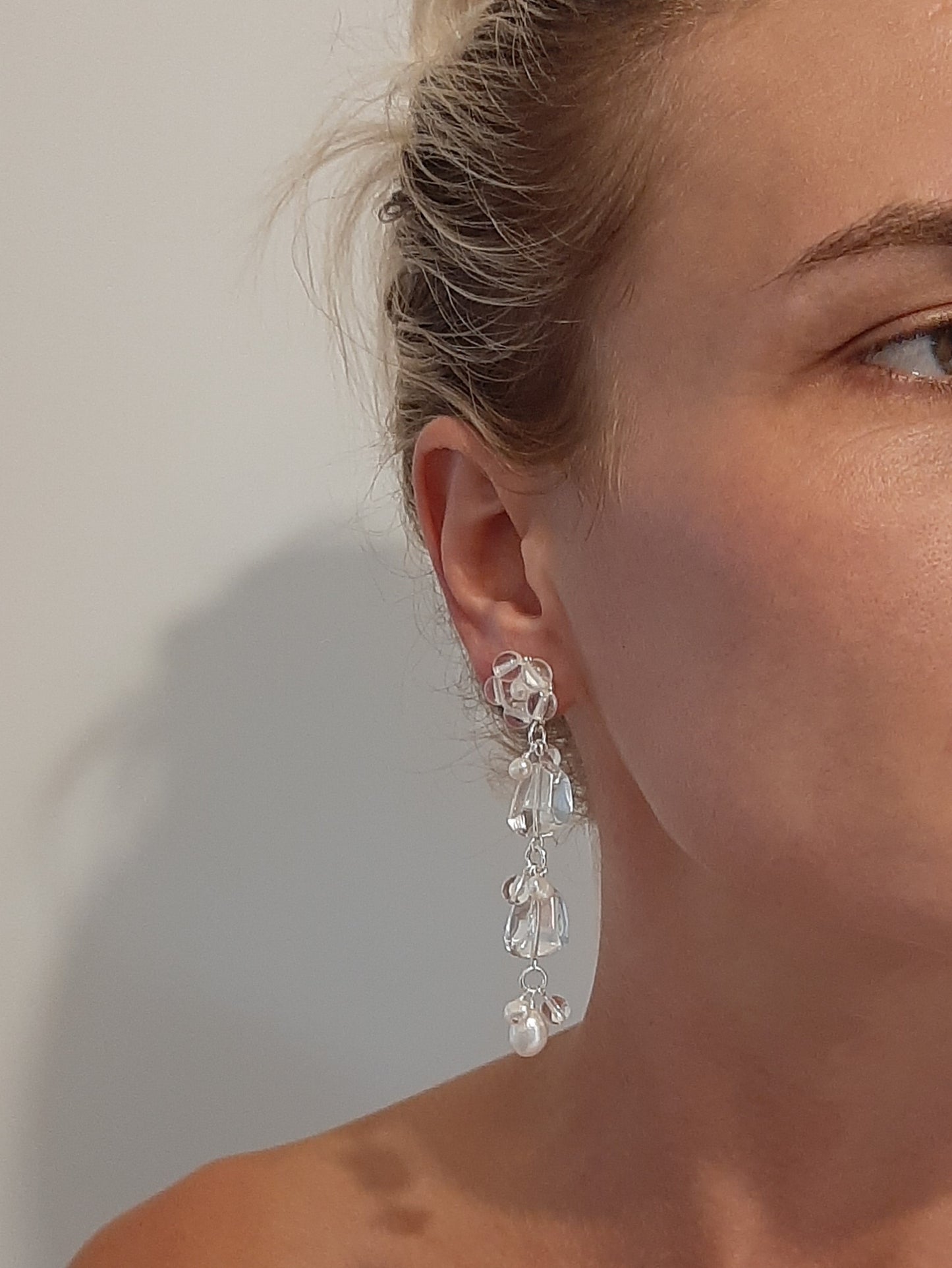 Elsa - natural cultured freshwater pearls and crystal clear glass beads cascading drop earrings