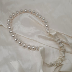Emma - white shell bead pearls headband with satin ribbon