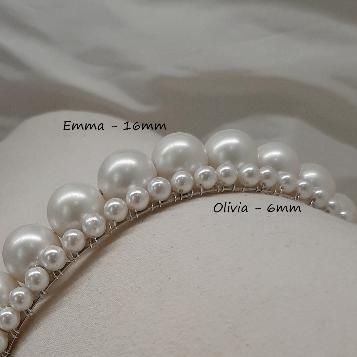 Emma - white shell bead pearls headband with satin ribbon