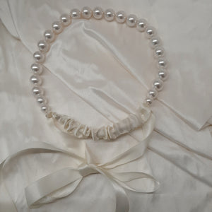 Emma - white shell bead pearls headband with satin ribbon