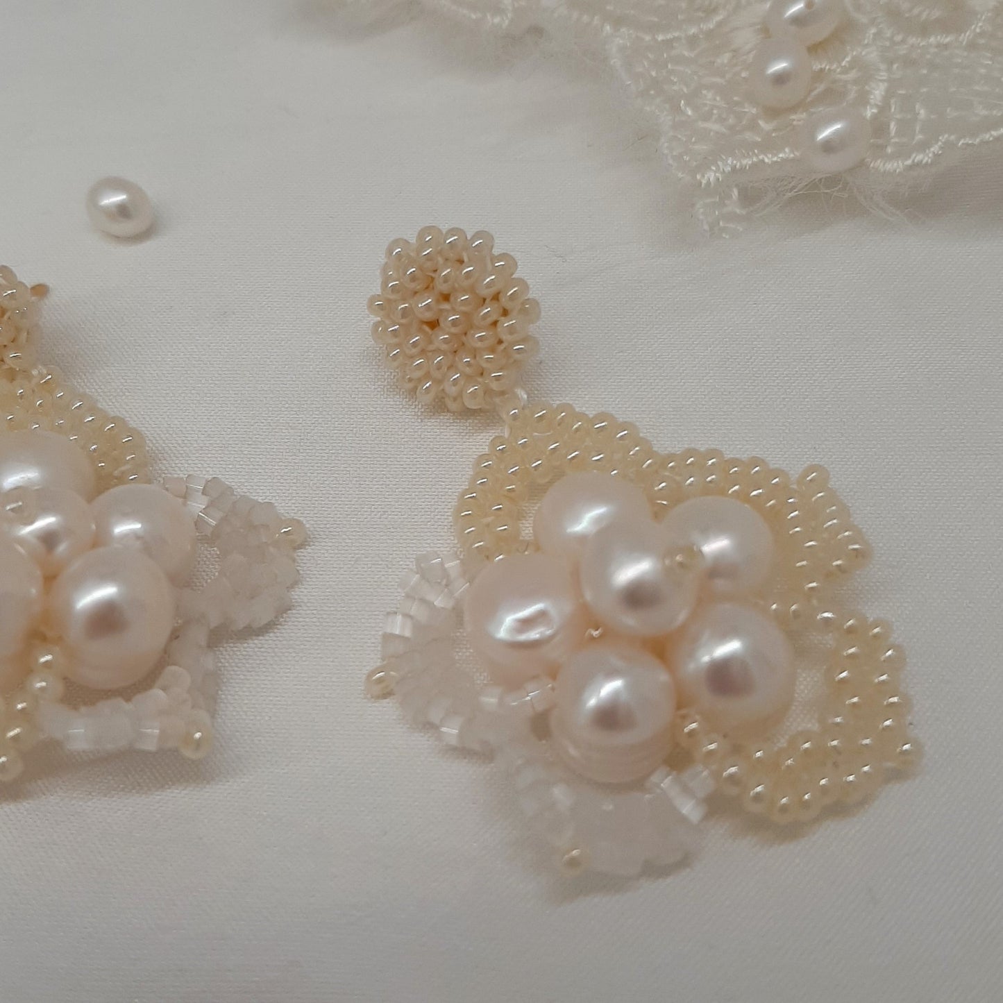 Fleur - hand beaded lace flower and stud drop earrings