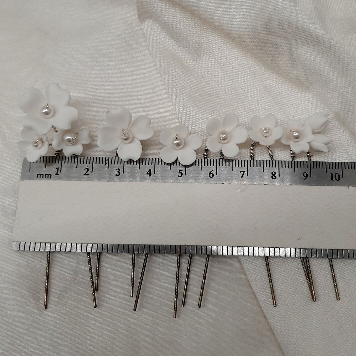 Blossom - white polymer clay flowers HAIR PIN SET of 6