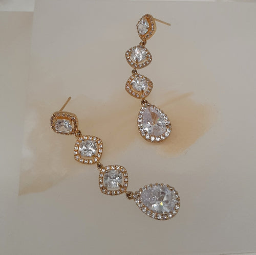Florence - Cubic Zirconia cushion and pear shape gold-tone stud drop earrings