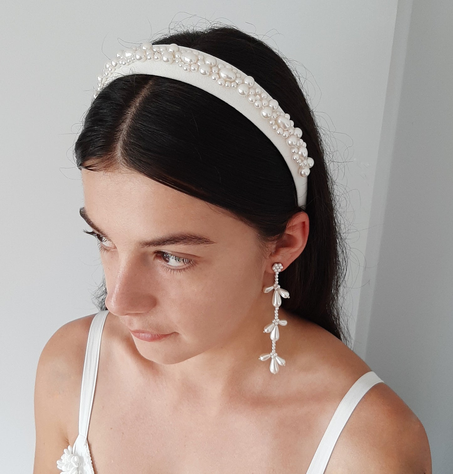 Francesca - white round and pear shaped crystal pearls and wide flat head band