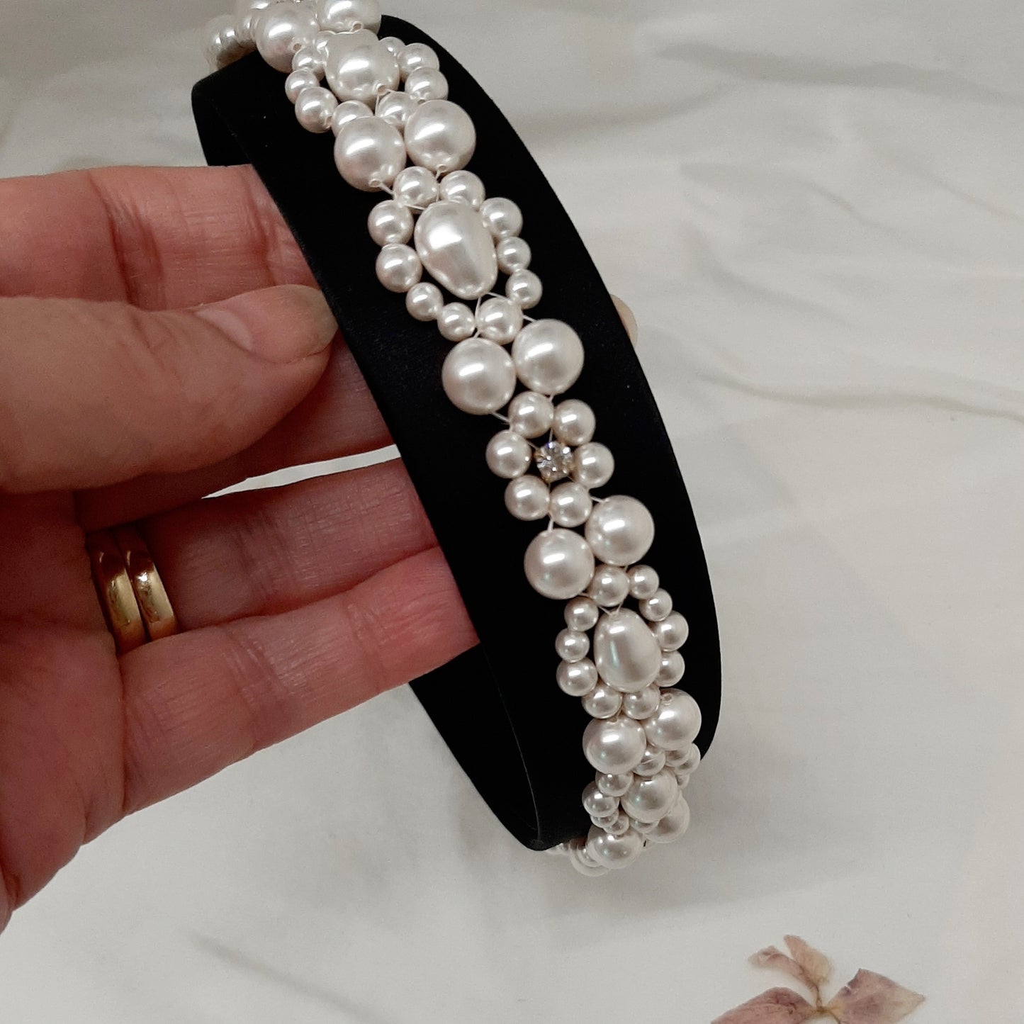 Francesca - white round and pear shaped crystal pearls and wide flat head band