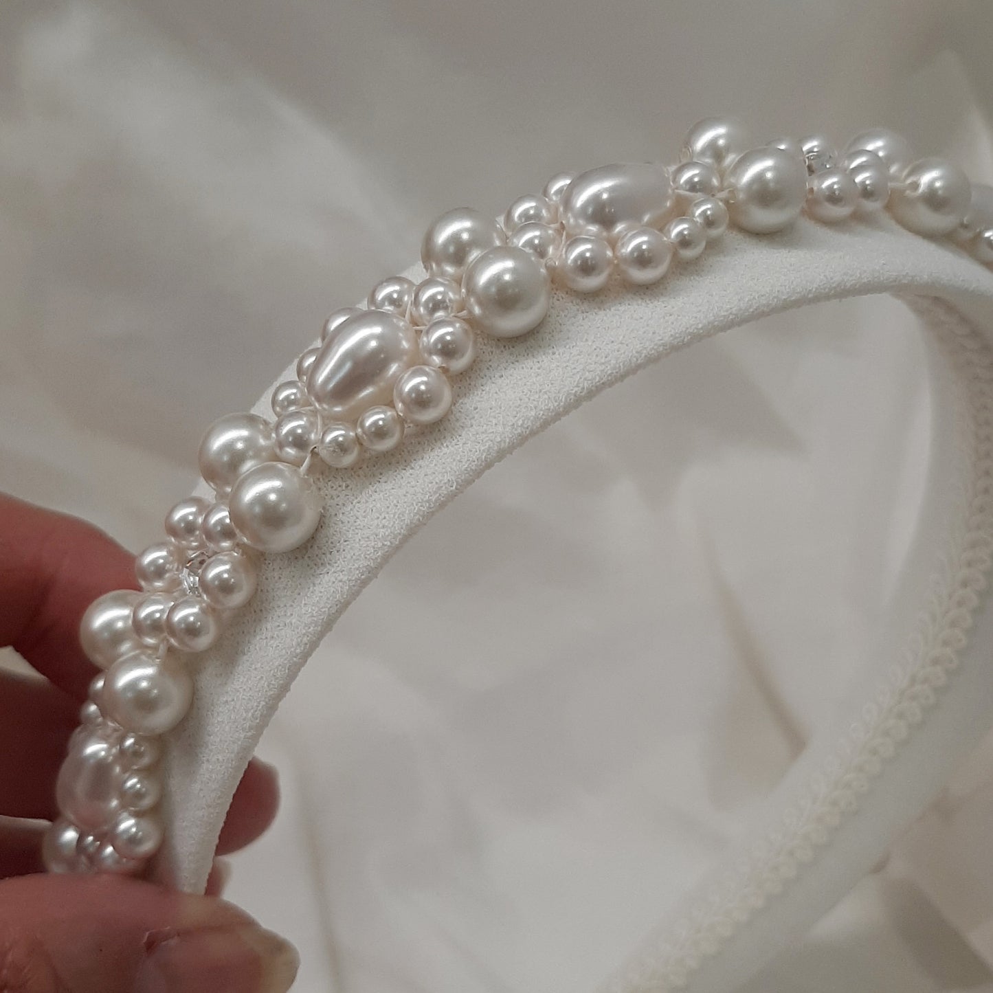 Francesca - white round and pear shaped crystal pearls and wide flat head band
