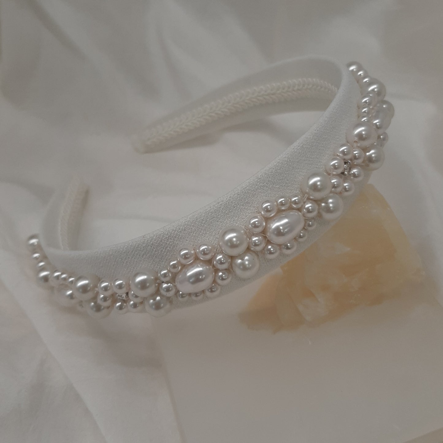Francesca - white round and pear shaped crystal pearls and wide flat head band