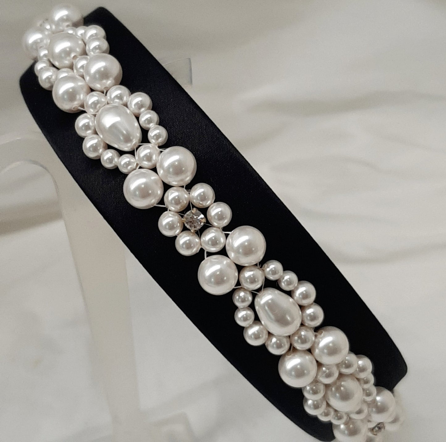 Francesca - white round and pear shaped crystal pearls and wide flat head band