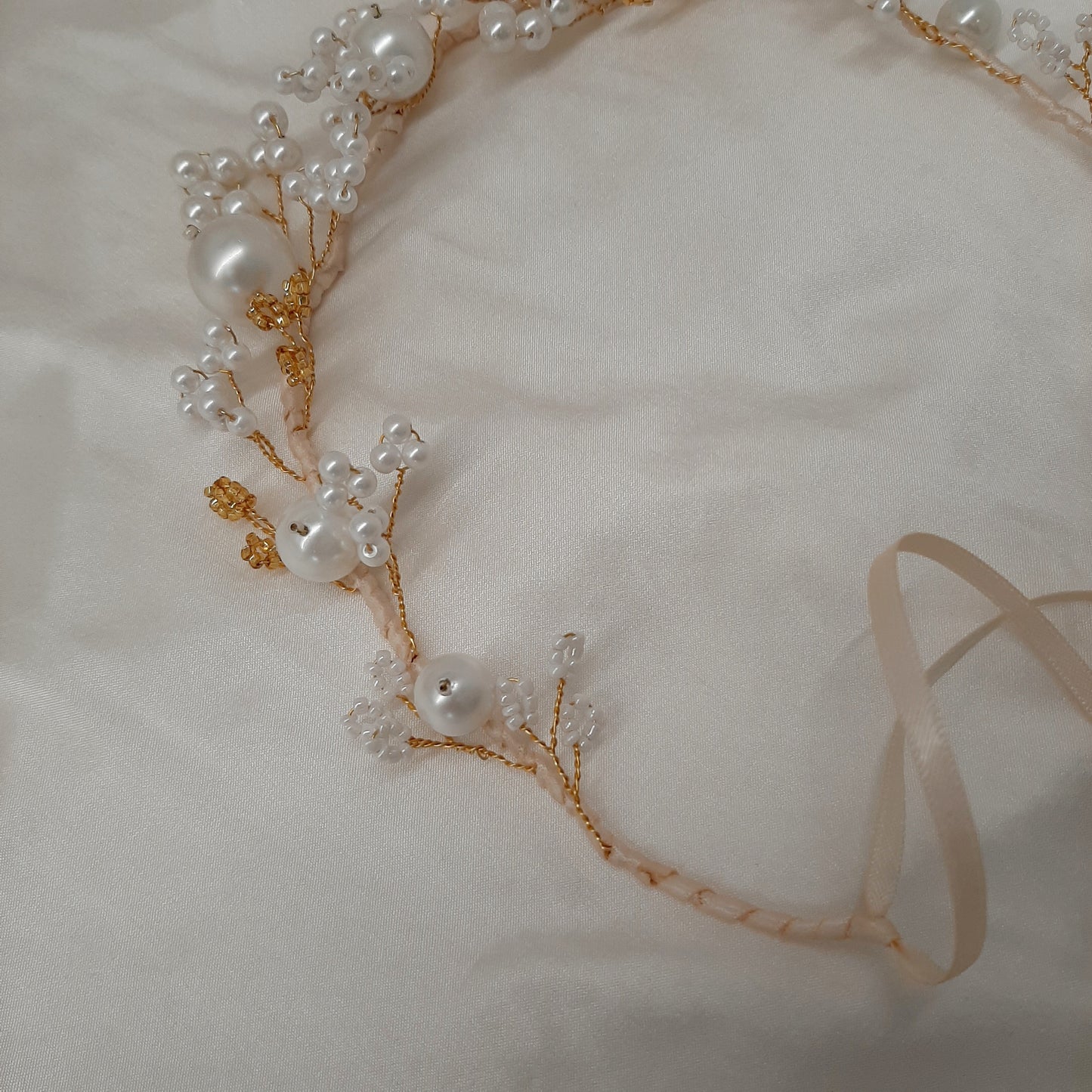 Gabrielle  - ivory shell pearl beads and ribbon hair vine