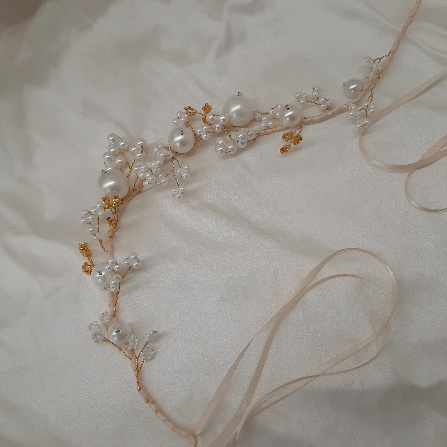 Gabrielle  - ivory shell pearl beads and ribbon hair vine