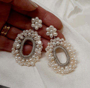 Georgia - freshwater pearls flower shaped stud and oval drop bead earrings