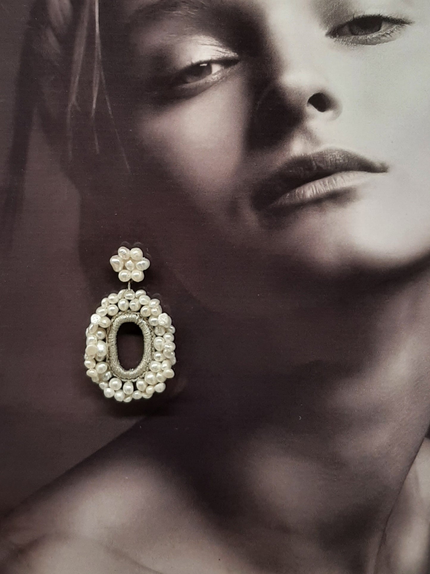 Georgia - freshwater pearls flower shaped stud and oval drop bead earrings