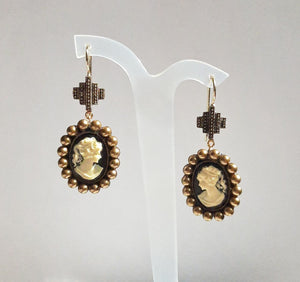 Cameo antiqued brass pearls and cross drop earrings