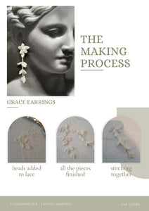 Grace - lace and tiny seed beads long cascading flower shaped stud earrings