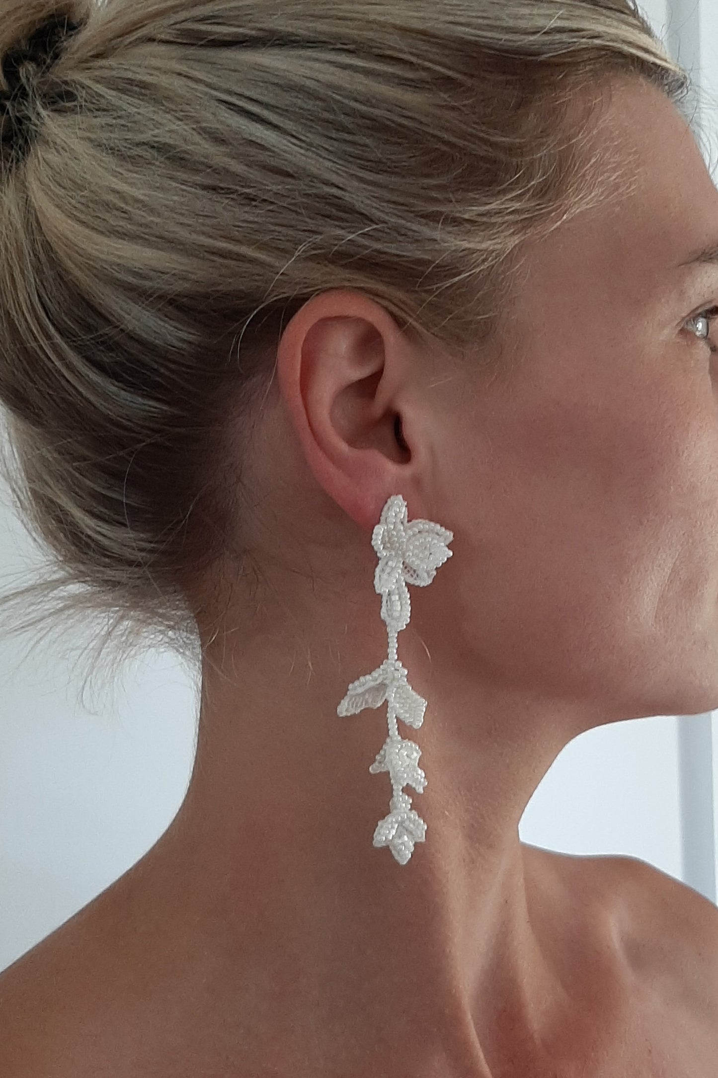 Grace - lace and tiny seed beads long cascading flower shaped stud earrings