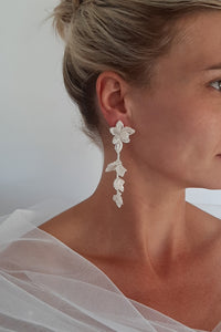 Grace - lace and tiny seed beads long cascading flower shaped stud earrings