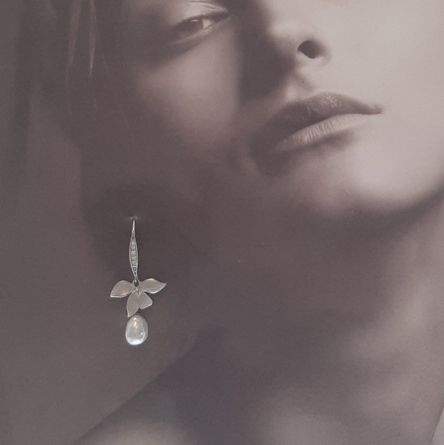 Liz - sterling silver earwires with or without cubic zironia's, orchid flower and pearl drop earrings