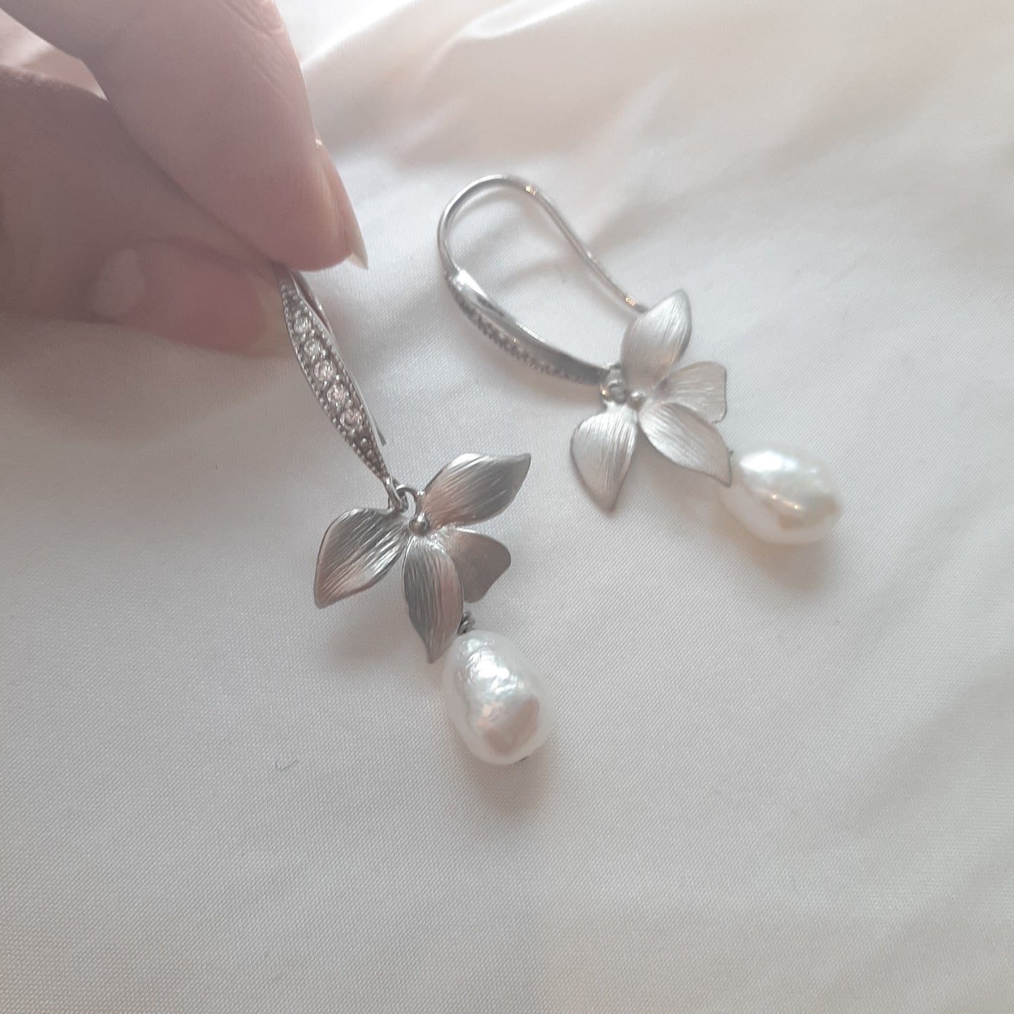 Liz - sterling silver earwires with or without cubic zironia's, orchid flower and pearl drop earrings