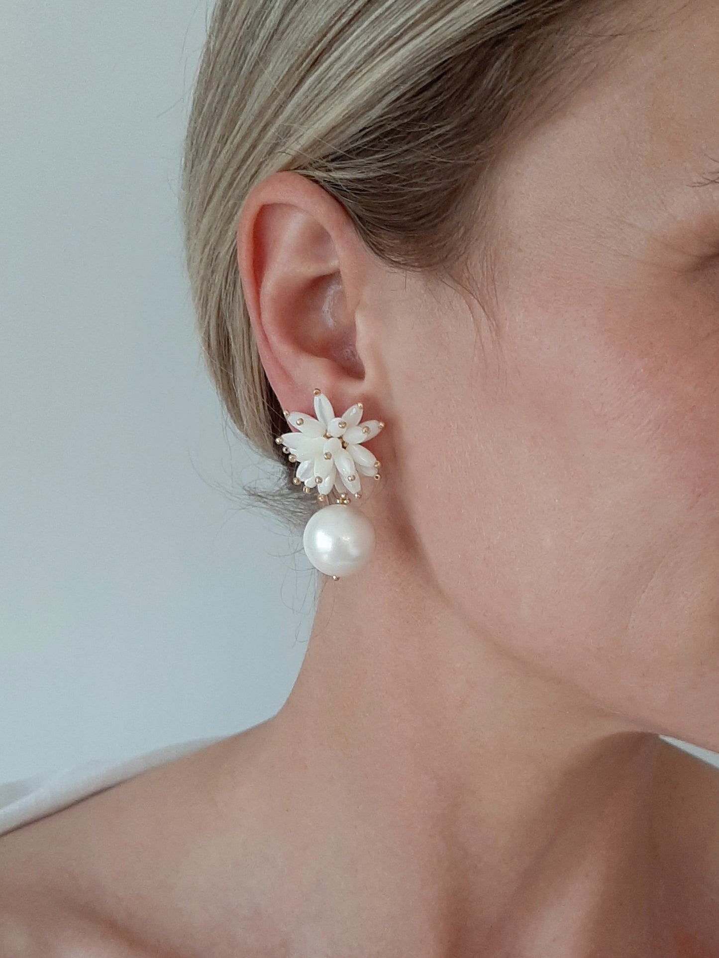 Helena - bursting half sphere and round pearl drop stud earrings