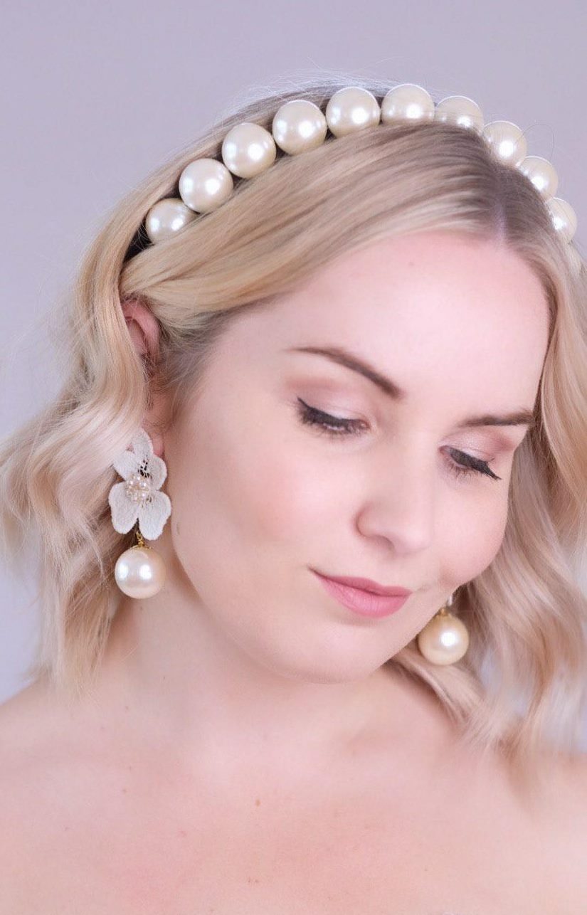 Penelope - white vintage ivory large pearls headband with satin ribbon