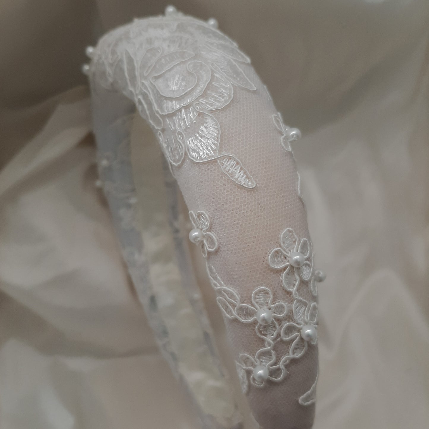 Liara - ivory lace and pearl embellished headband