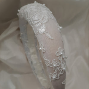Liara - ivory lace and pearl embellished headband