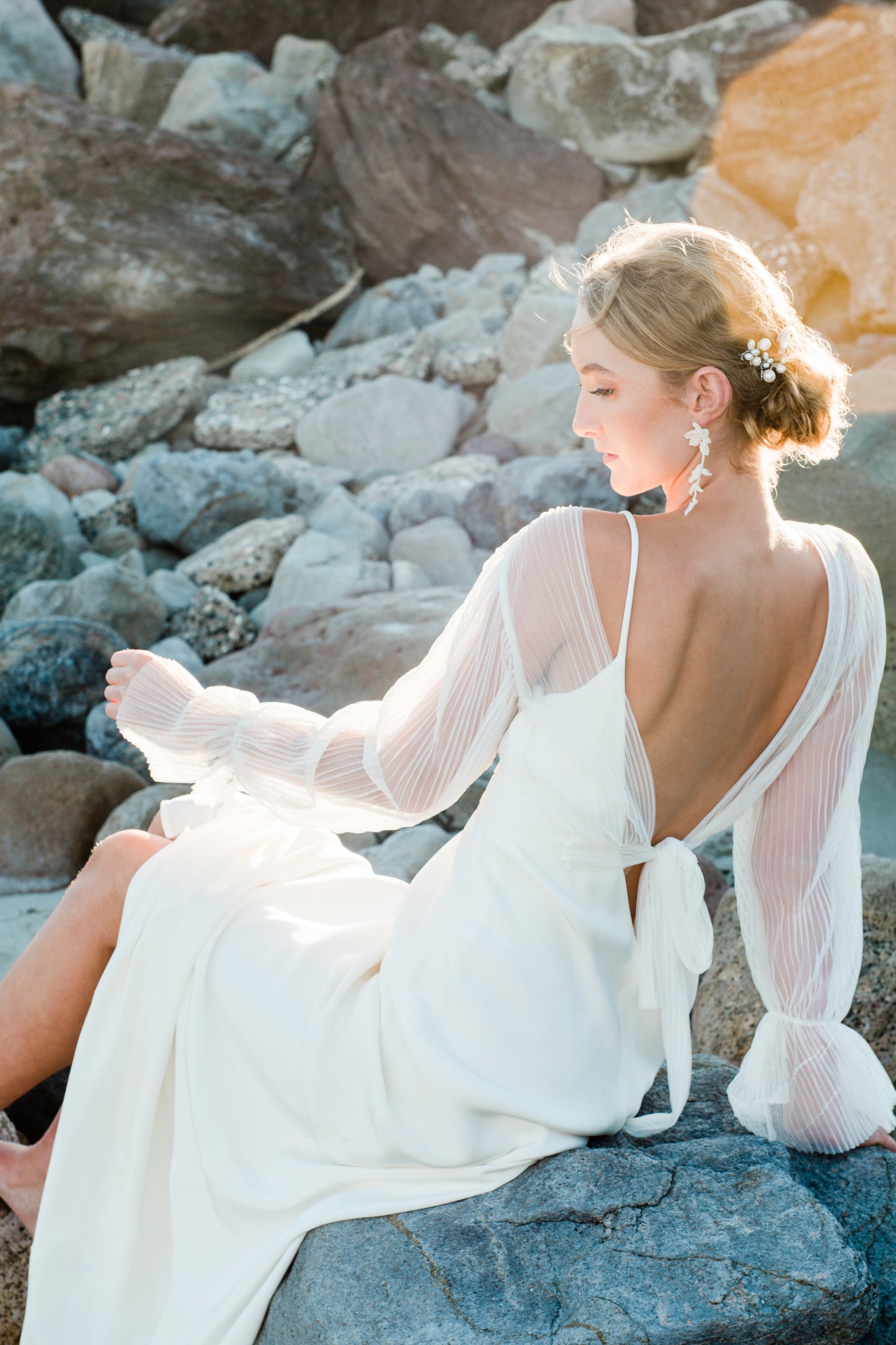 Grace - lace and tiny seed beads long cascading flower shaped stud earrings