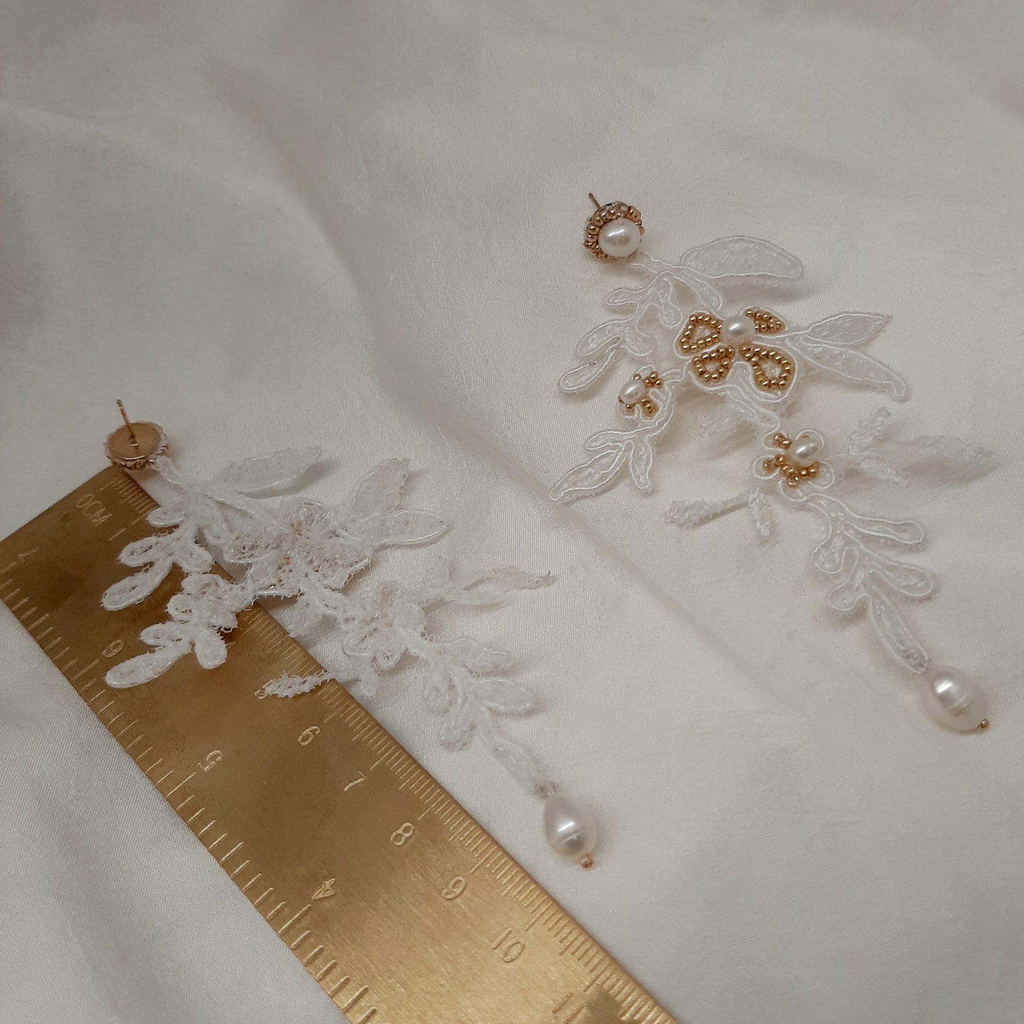 Katya - lace, freshwater pearls and tiny seed beads long cascading flower shaped stud earrings