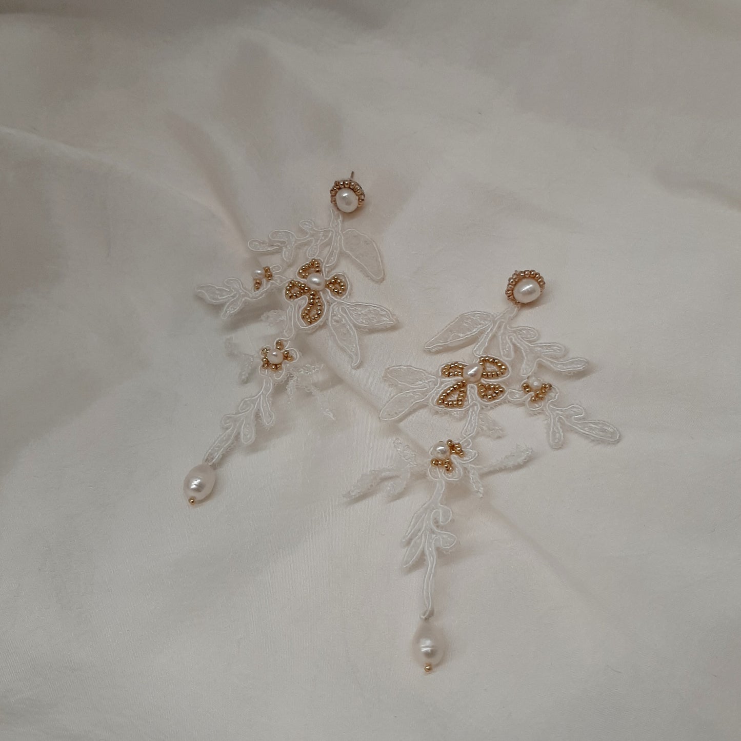 Katya - lace, freshwater pearls and tiny seed beads long cascading flower shaped stud earrings