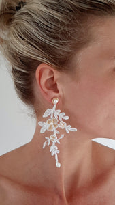 Katya - lace, freshwater pearls and tiny seed beads long cascading flower shaped stud earrings
