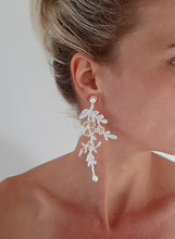 Load image into Gallery viewer, Katya - lace, freshwater pearls and tiny seed beads long cascading flower shaped stud earrings