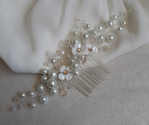 White pearls and flowers, crystal beads large size hair vine on silver comb