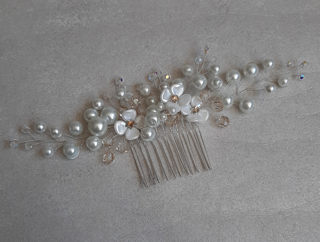 White pearls and flowers, crystal beads large size hair vine on silver comb