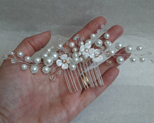 Load image into Gallery viewer, White pearls and flowers, crystal beads large size hair vine on silver comb