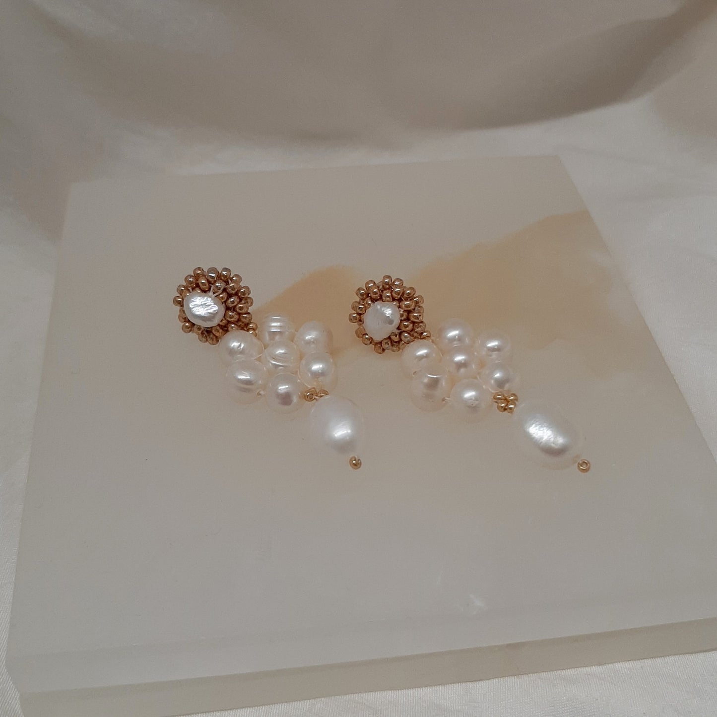 Lishara - hand beaded stud and freshwater pearl beads flower shaped drop earrings